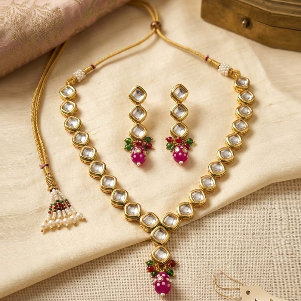 Handcrafted Royal Kundan Necklace Set with Pink Bead Drops